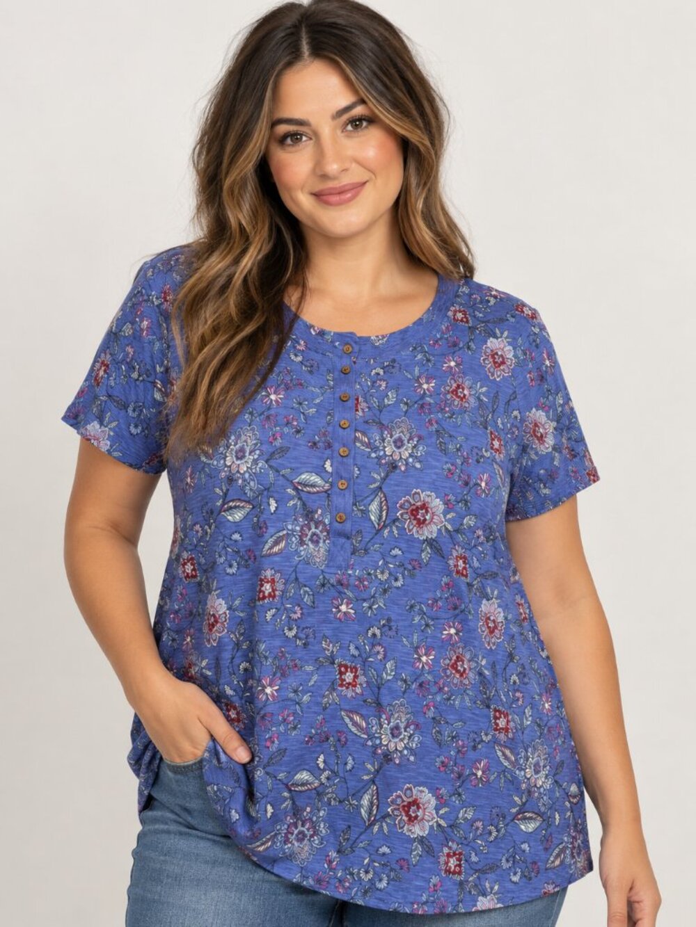 J Jill Size Xl Short Sleeve Tee Shirt Purple Floral Henely Casual Modal Top Boho